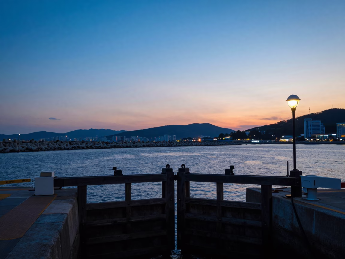 Lit Boathouse in Busan at Sunset Light in in Busan, South Korea