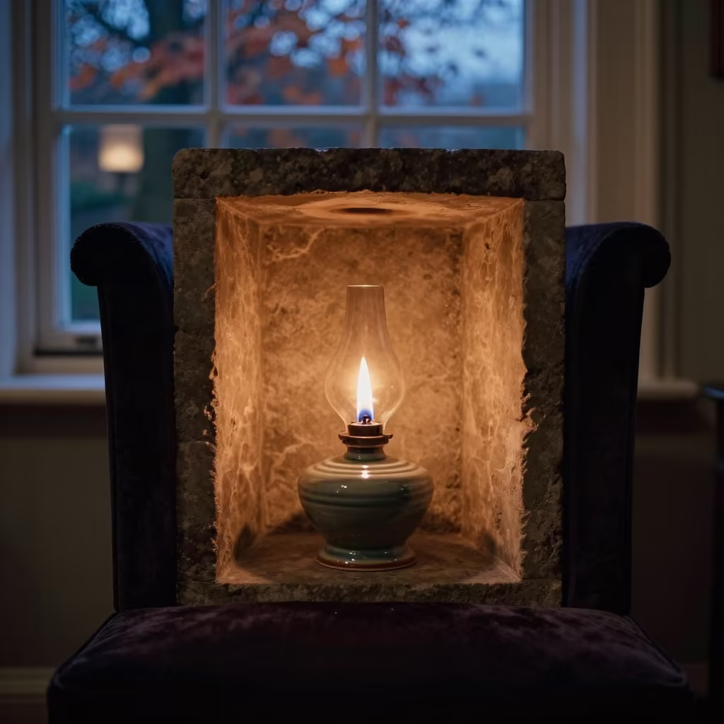 Lit Ceramic Oil Lamp in Stone Niche Twilight in on a velvet chair in Coventry