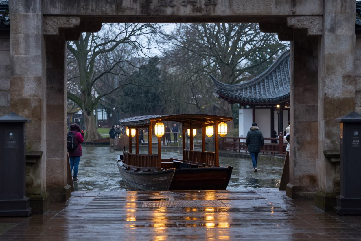 Lit Sampan in Winter Hall After Rain in in a ceremonial hall near Bristol