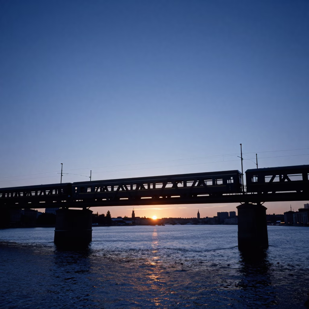 Lit Sleeper Train Crossing Dark Bridge in Stockholm in in Stockholm, Sweden