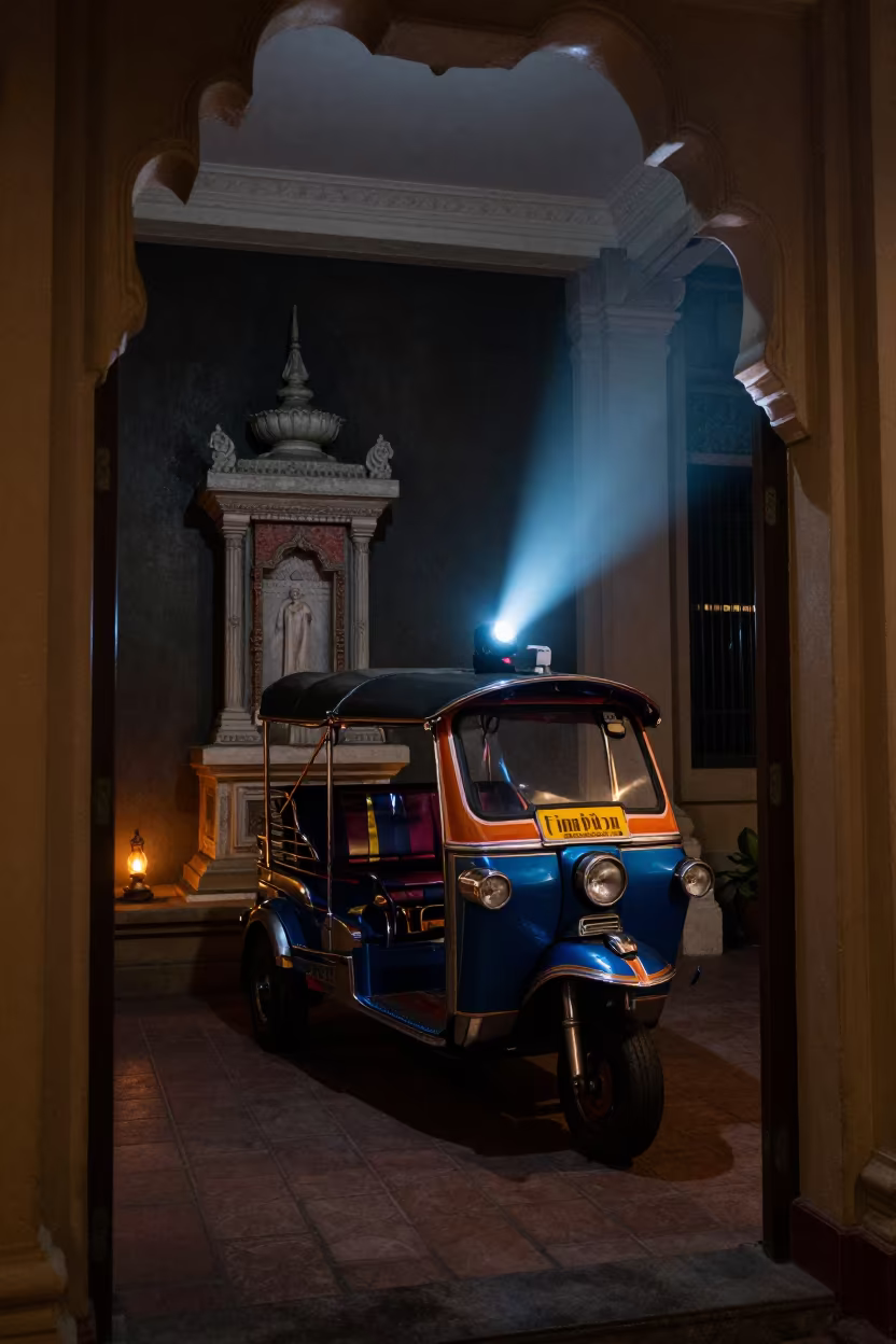Lit Tuk-Tuk at Temple Altar Night in at the foot of a stone altar in Phnom Penh