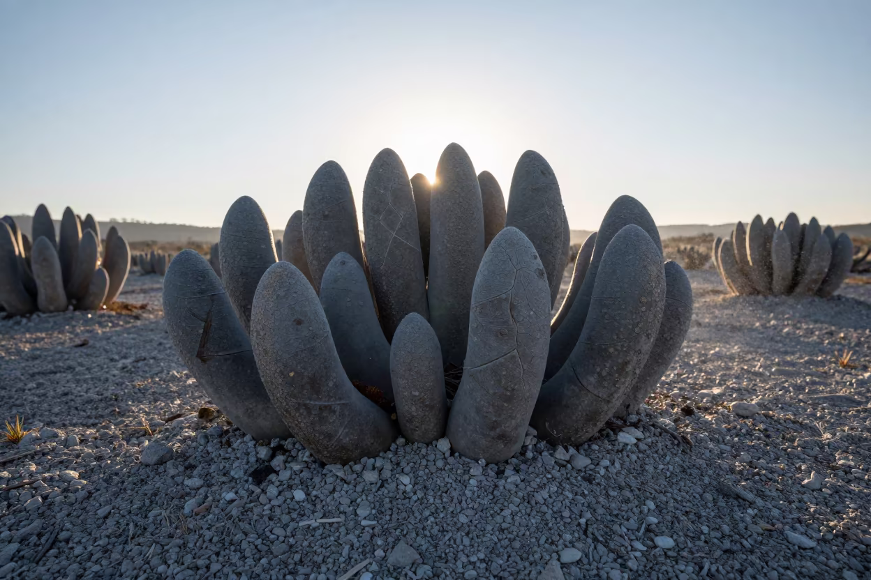Lithops Colony Silhouetted in Bulgarian Dawn in in Bulgaria