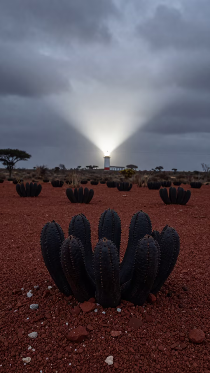Lithops Colony Silhouetted by Dawn Lighthouse Beam in in Zambia
