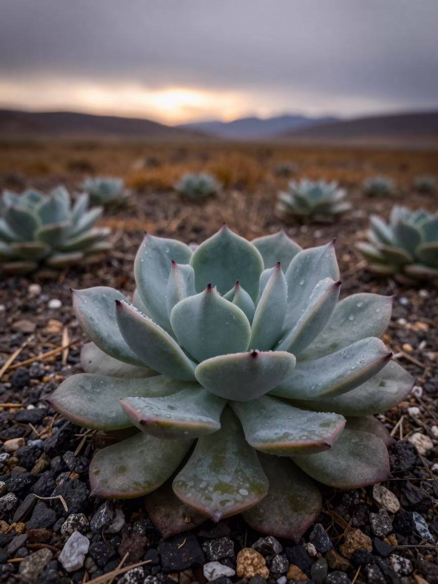 Lithops Colony in Tibetan Dawn Rain in in a bloom-heavy meadow in Tibet