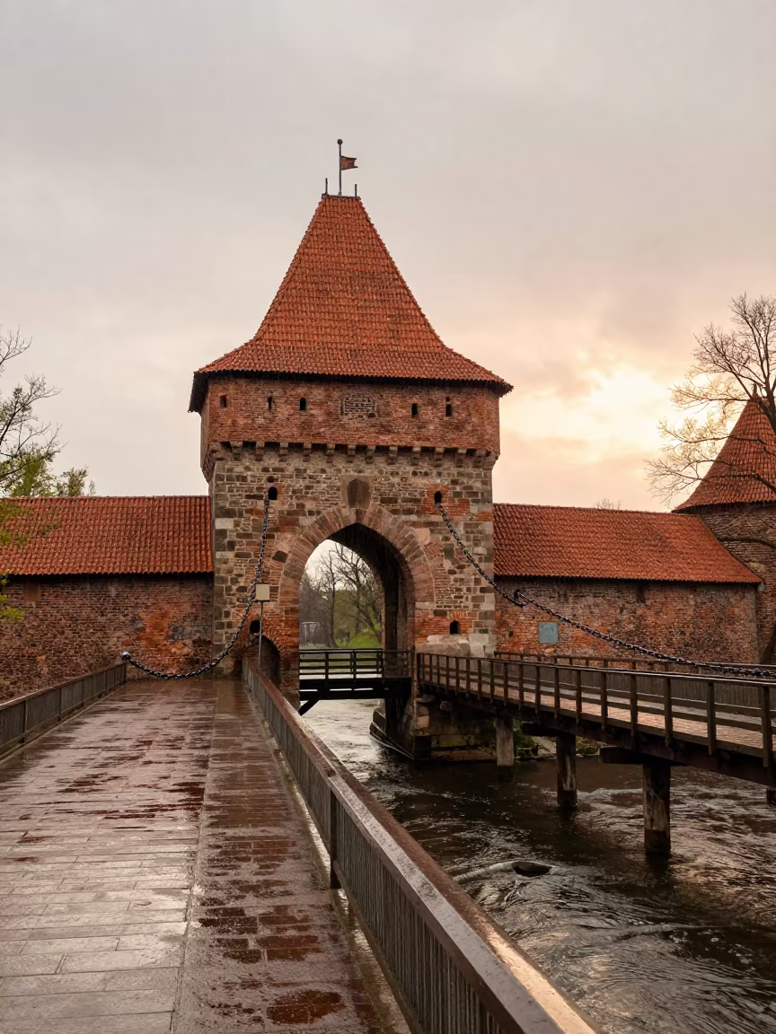 Lithuanian Castle Gatehouse in Rain in beside a bridge pier above moving water in Lithuania