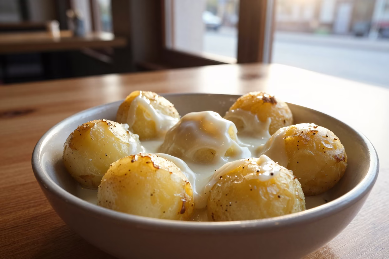 Lithuanian Cepelinai Dumplings Golden Cafe Light in on a cafe table by a window in Bahawalnagar