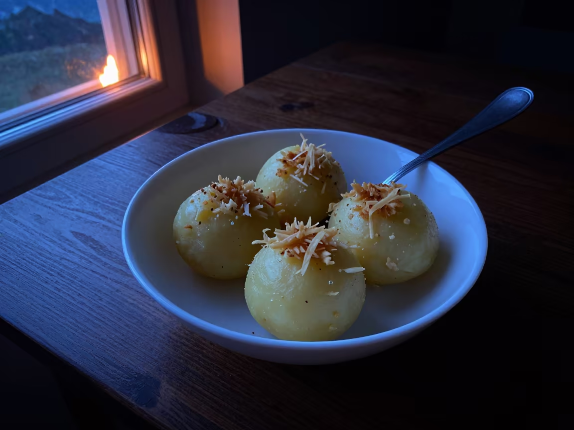 Lithuanian Cepelinai Dumplings Predawn Firelight in on a bedside table in El Alto