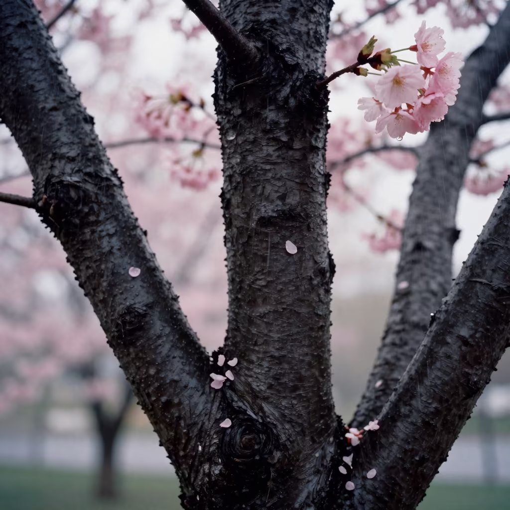 Lithuanian Cherry Blossoms in Midday Rain in in Lithuania