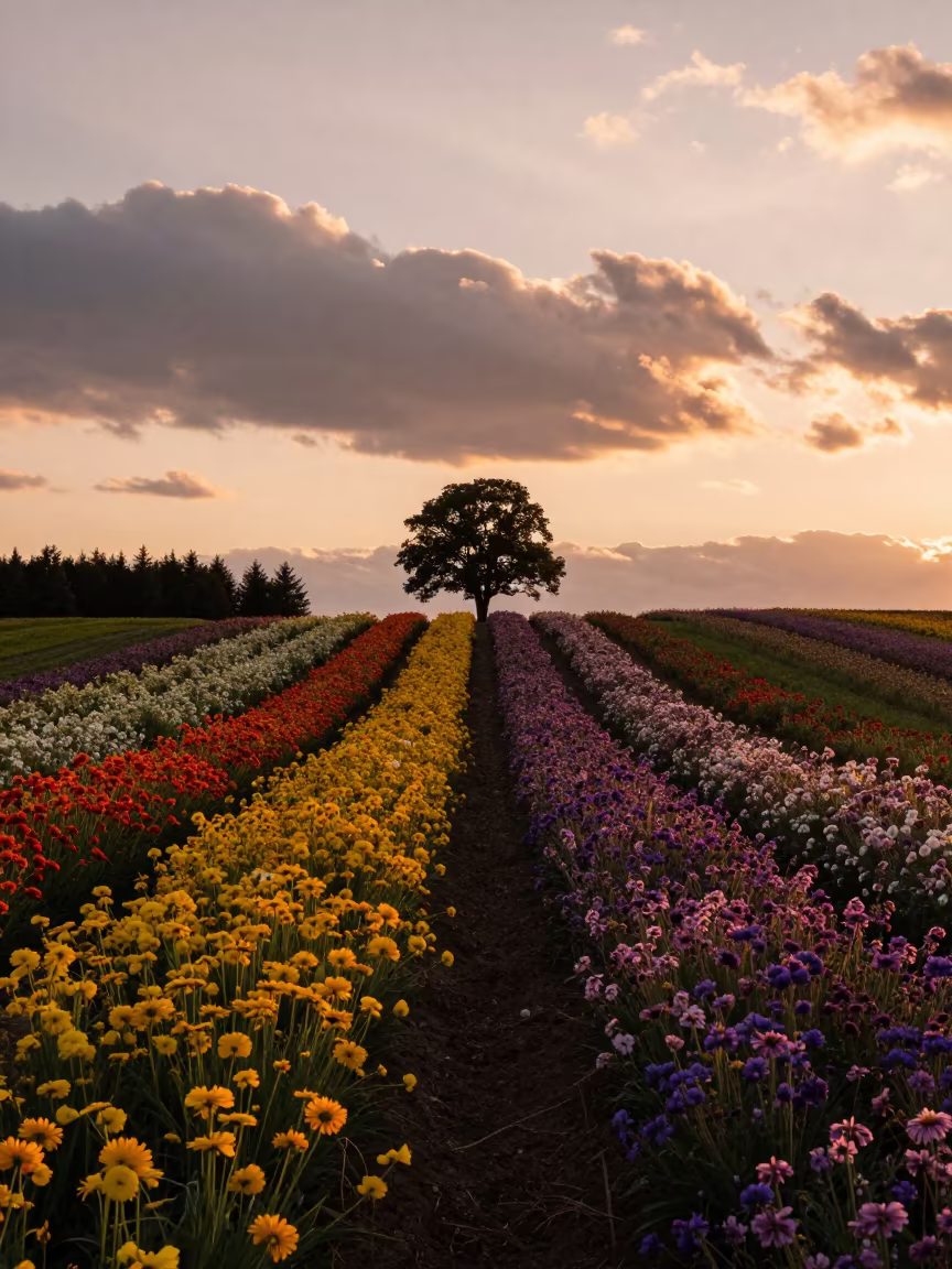 Lithuanian Flower Fields in Copper Backlight in among terraced rice paddies in Lithuania