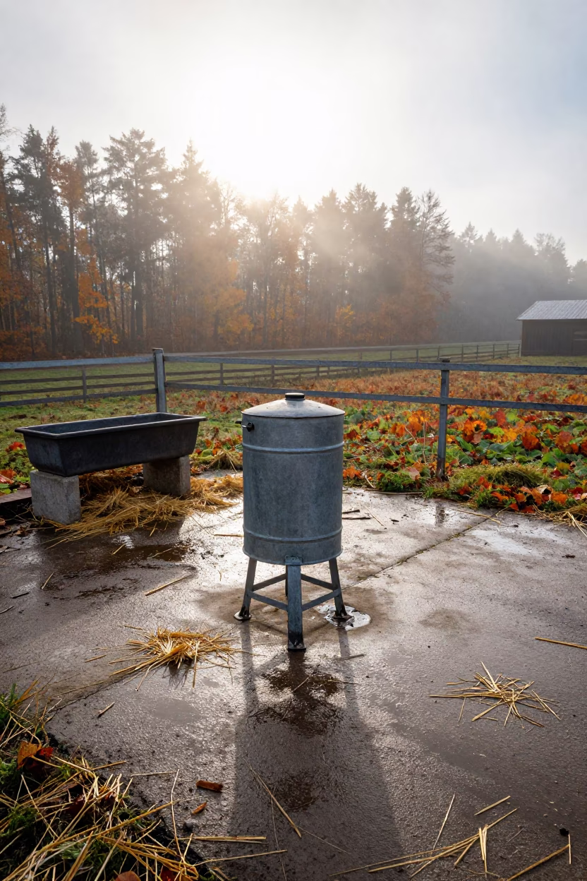 Lithuanian Livestock Feed Jar Stand Autumn Fog in near a windbreak and water trough in Lithuania