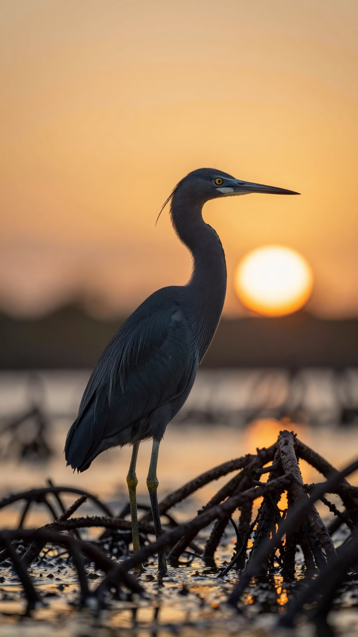 Little Blue Heron in Queensland Mangrove Sunset in along a game trail in Queensland