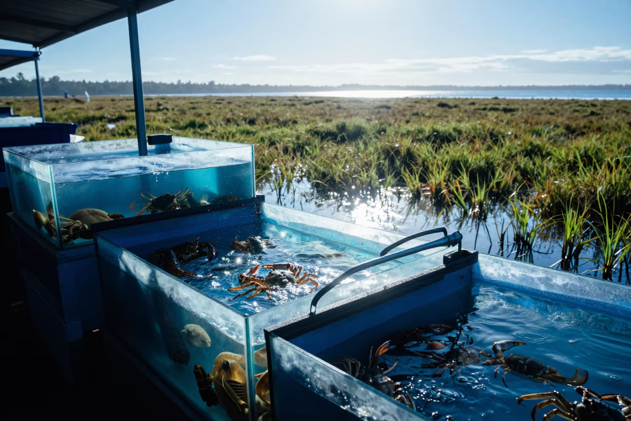Live Crabs Lobsters Queensland Seagrass Market in above a seagrass meadow in Queensland