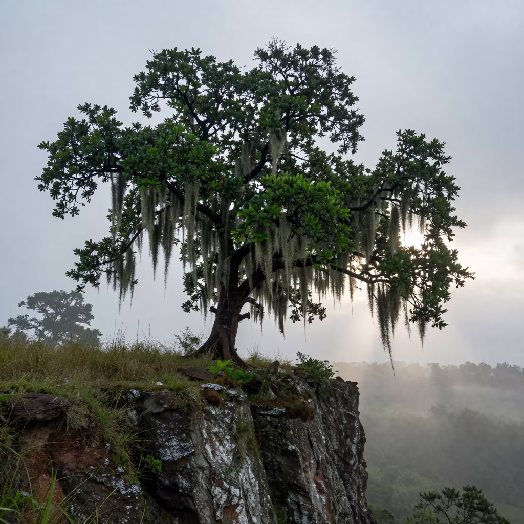 Live Oak Draped in Spanish Moss Monsoon Cliff in along a salt-sprayed cliff edge in Meghalaya