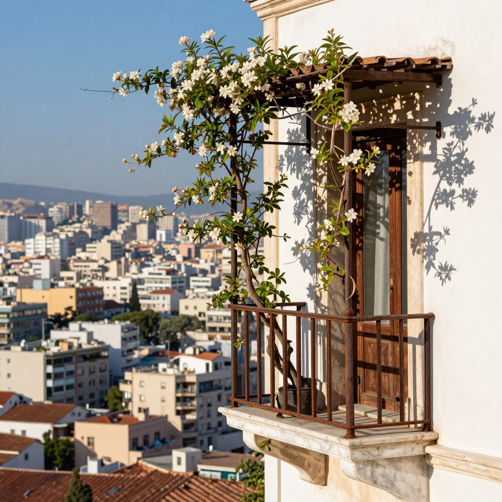 Lived-in Athenian balcony with climbing jasmine and marble details in late morning light in in Athens, Greece