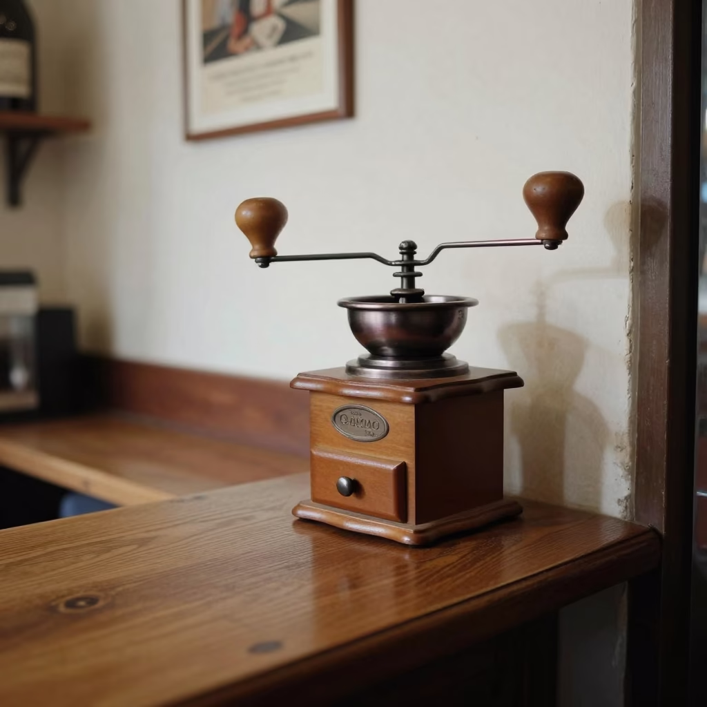 Lived-in Bologna Cafe Interior with Vintage Coffee Grinder and Water Stains in in Bologna, Italy