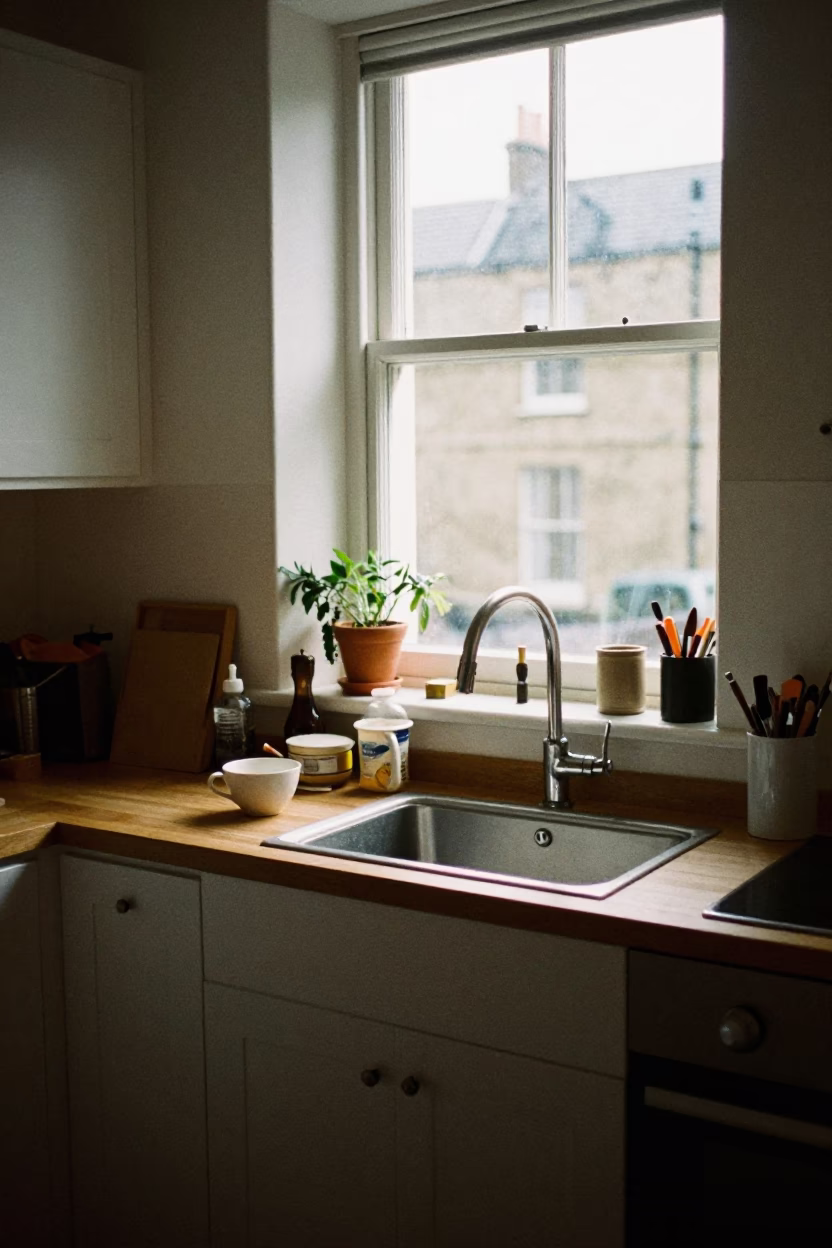 Lived-in Kitchen Counter in Bristol Home with Latch and Water Rings in in Bristol, United Kingdom
