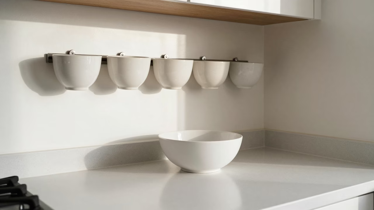 Lived-in Los Angeles Kitchen Noon Light Ceramic Bowl Peg Rails Soap Residue in in Los Angeles, California, United States