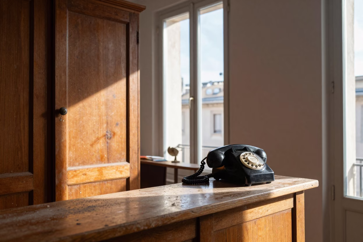 Lived-In Marseille Apartment Interior with Vintage Bakelite Telephone and Dusty Cabinet Door in in Marseille, France
