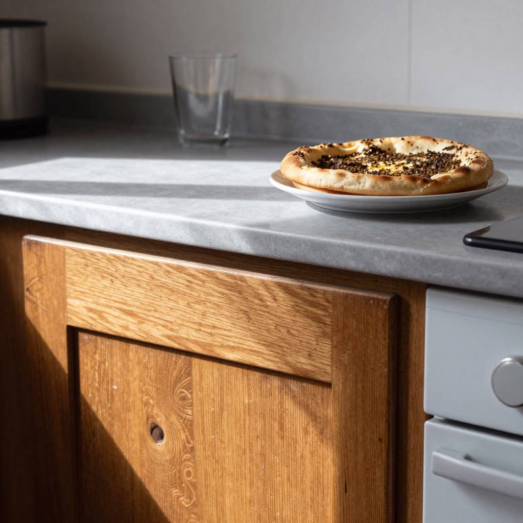 Lived-in Marseille kitchen counter with zaatar manakeesh and daily life details in in Marseille, France