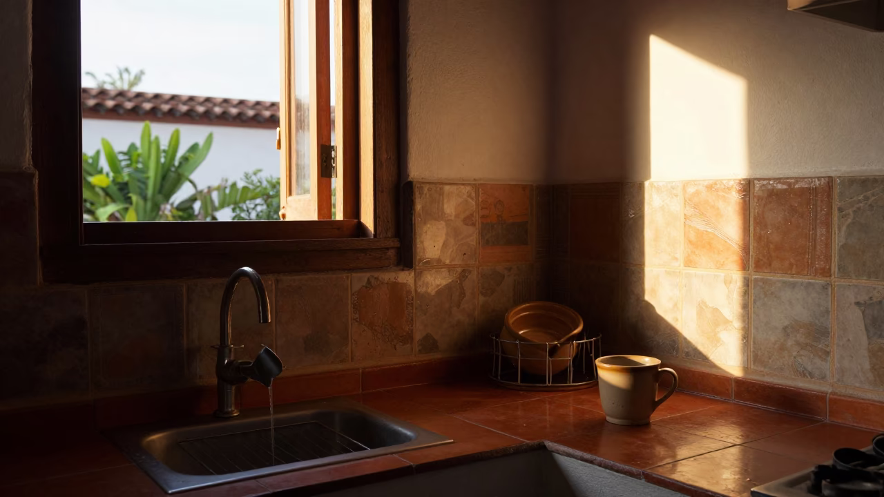 Lived-In Merida Yucatan Interior with Ceramic Tiles and Evening Light in in Merida, Mexico