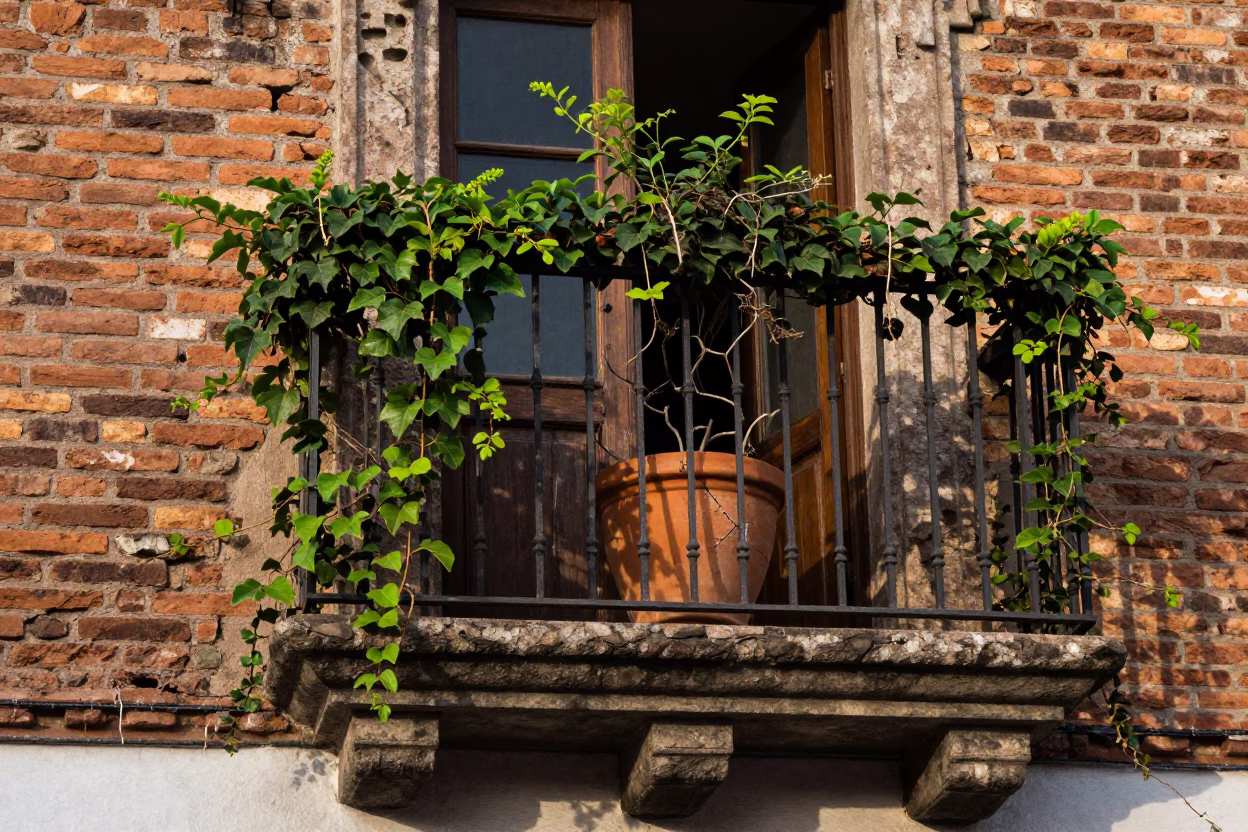 Lived-In Quito Balcony with Terracotta Pot and Climbing Ivy in Late Morning Light in in Quito, Ecuador