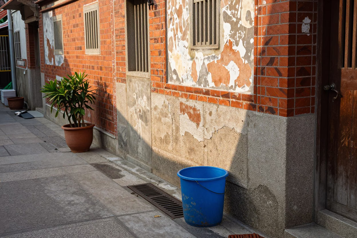 Lived-in Tainan Alleyway Late Morning with Plant Pot and Soap Residue in in Tainan, Taiwan