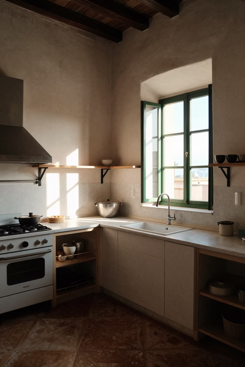 Lived- Kitchen in Palermo at Clear Late-afternoon Light in in Palermo, Italy