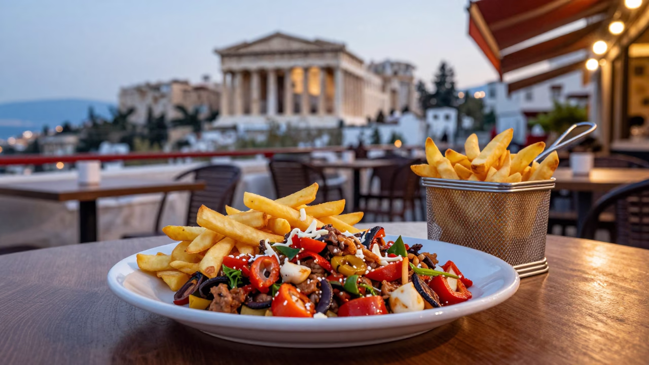 Lively Athens Street Cafe Evening with Lomo Saltado and Mesh Colander in in Athens, Greece