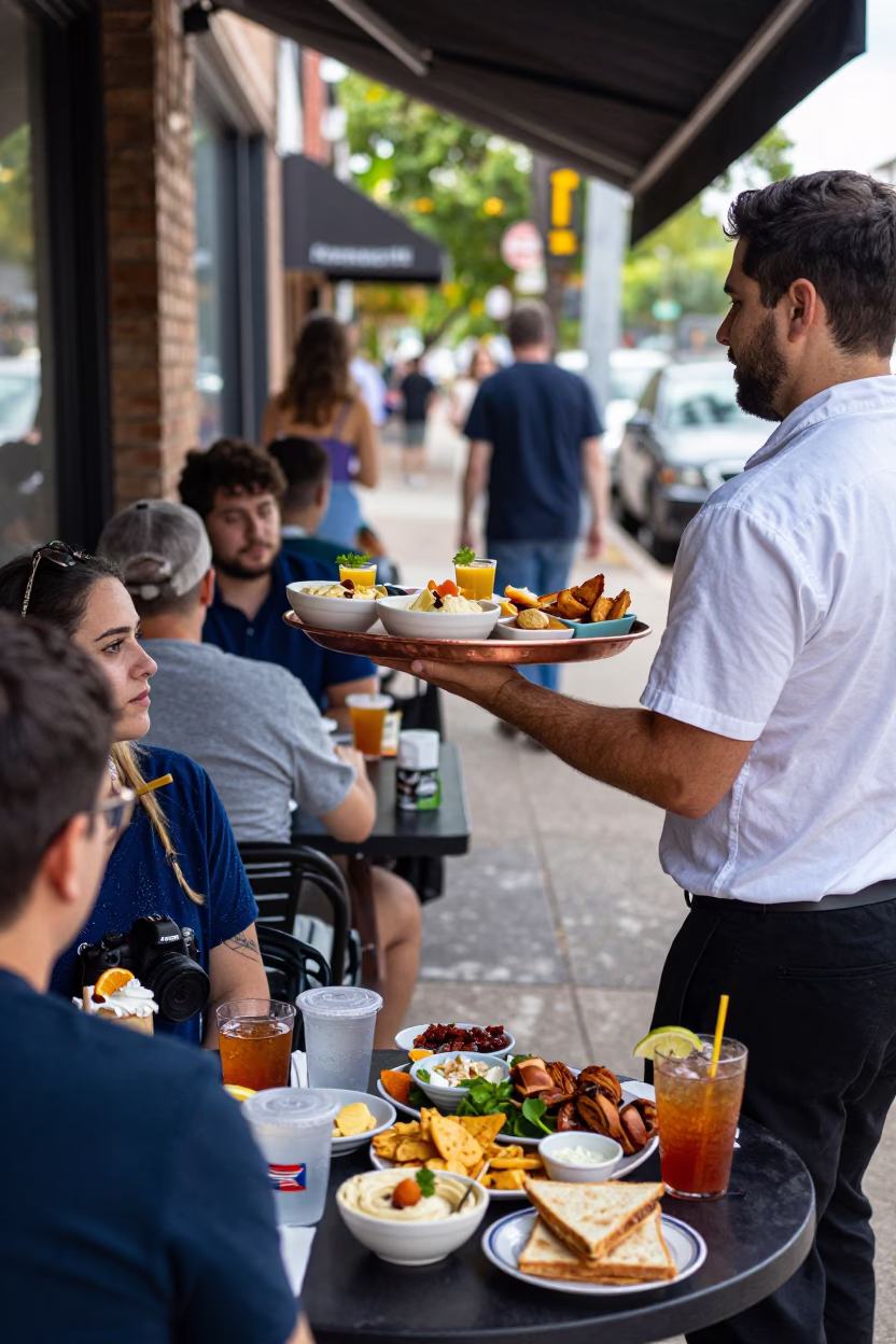 Lively Austin Texas Street Scene Late Morning with Colorful Mezze Spread on Copper Tray in in Austin, Texas, United States