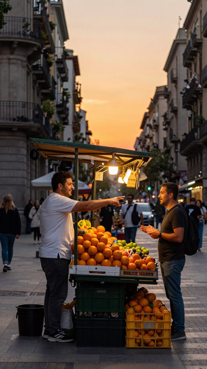 Lively Barcelona Street Scene at Sunset with Fruit Vendor and Tourists in in Barcelona, Spain
