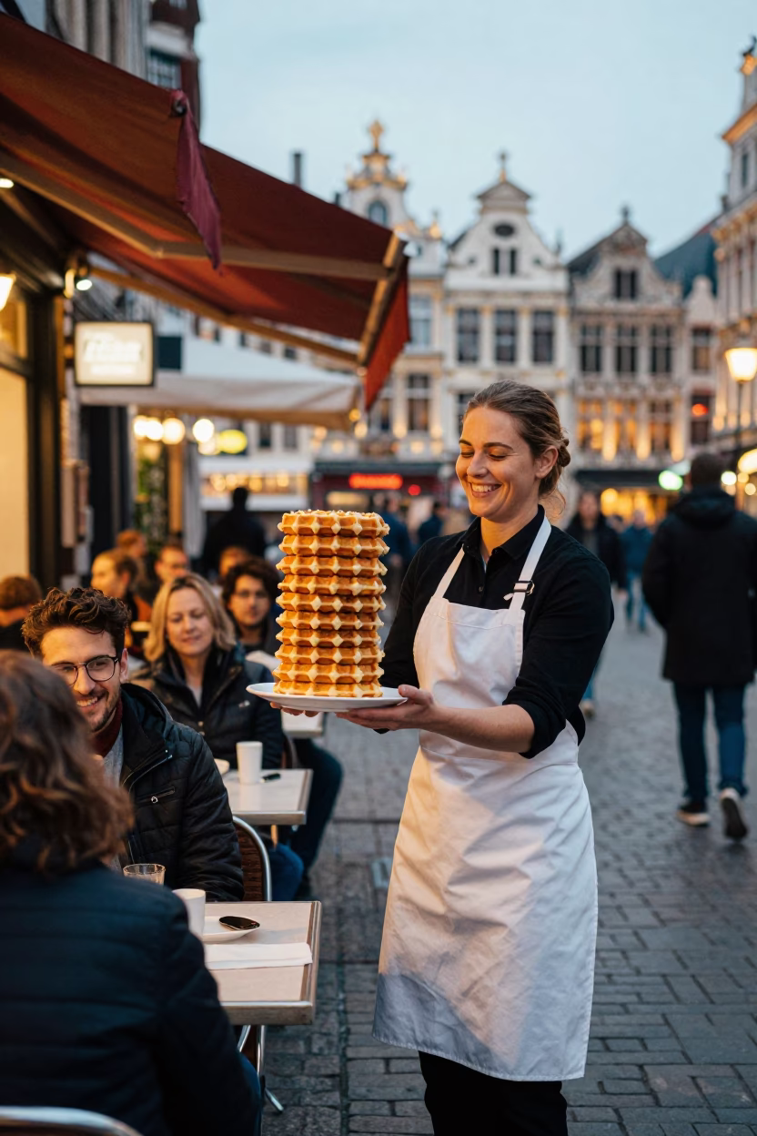 Lively Brussels Street Scene with Traditional Waffles and Evening Light in in Brussels, Belgium