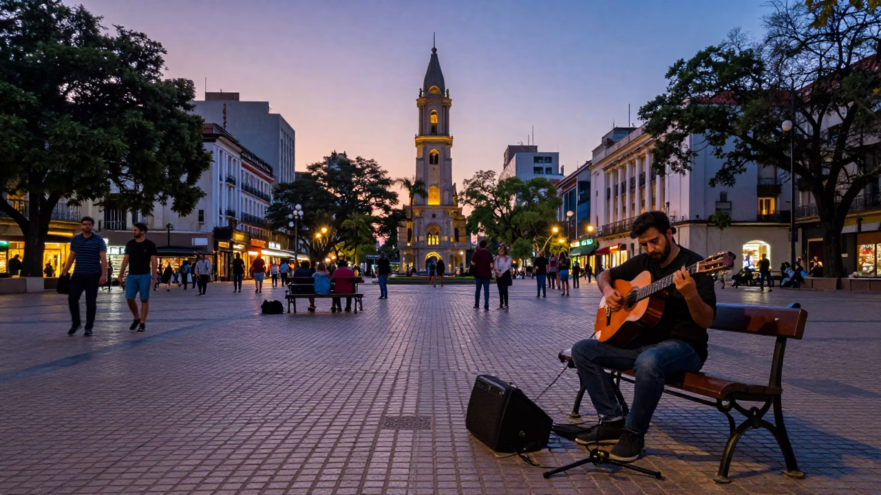 Lively Buenos Aires Plaza at Dusk with Street Guitarist and Churro Vendor in in Buenos Aires, Argentina