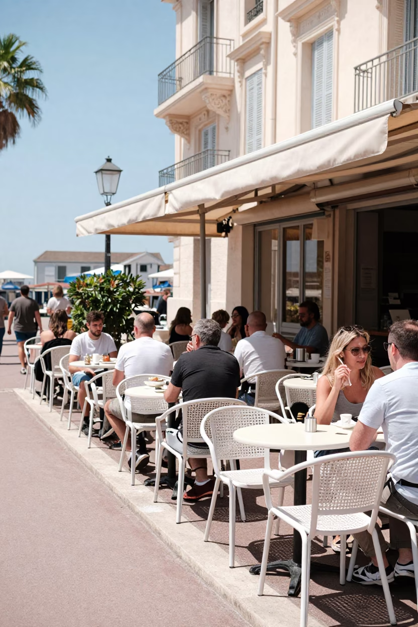 Lively Cafe Terrace Scene in Nice France Under Bright Noon Sun with Local Dining in in Nice, France