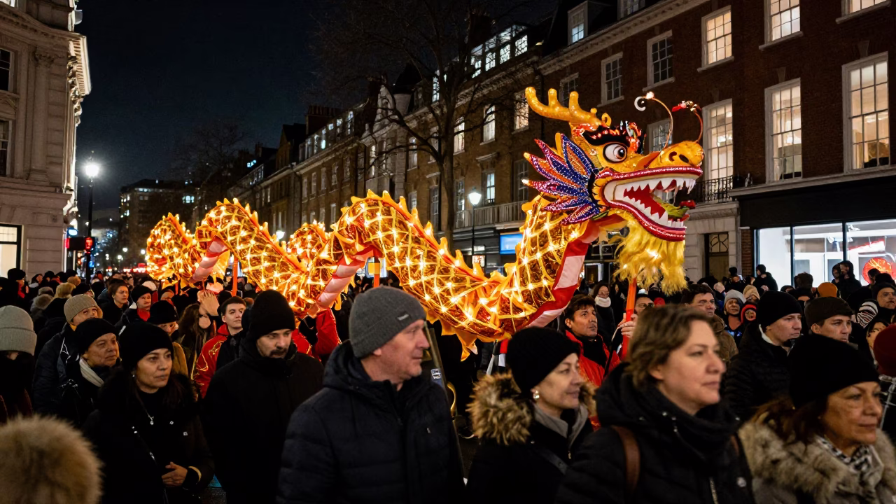 Lively Chinese New Year Dragon Parade Through Crowded London Street at Night in in London, United Kingdom