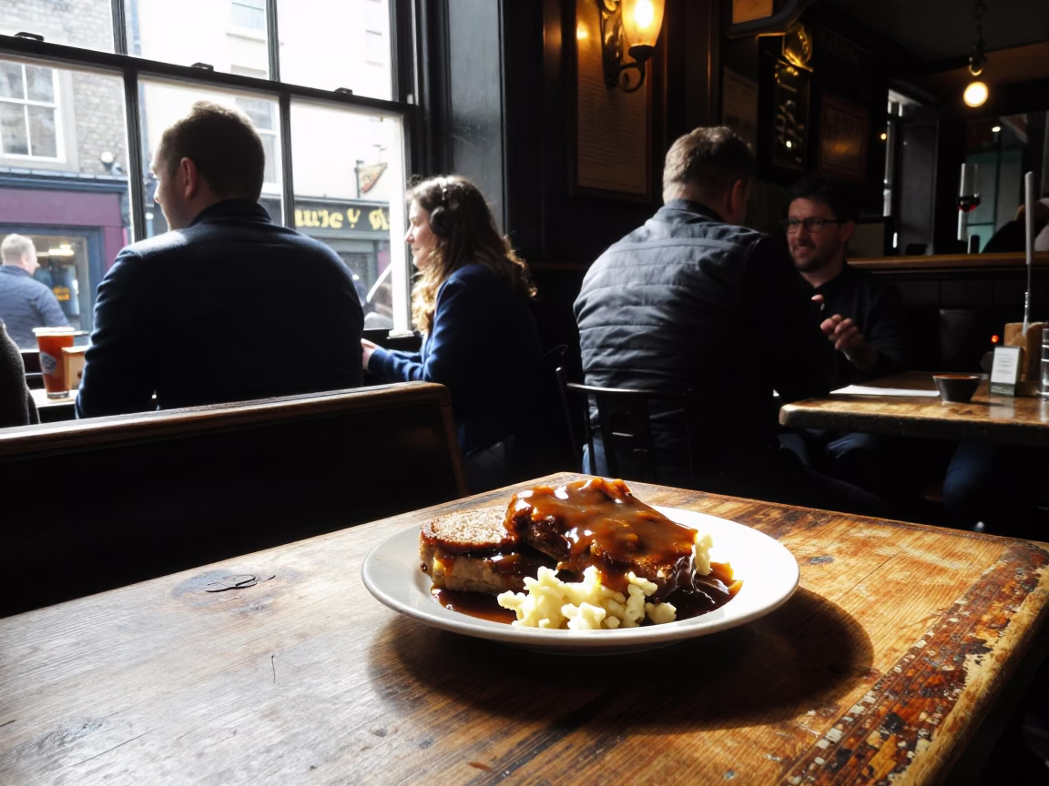 Lively Dublin Pub Scene with Bangers and Mash Gravy in Early Afternoon in in Dublin, Ireland