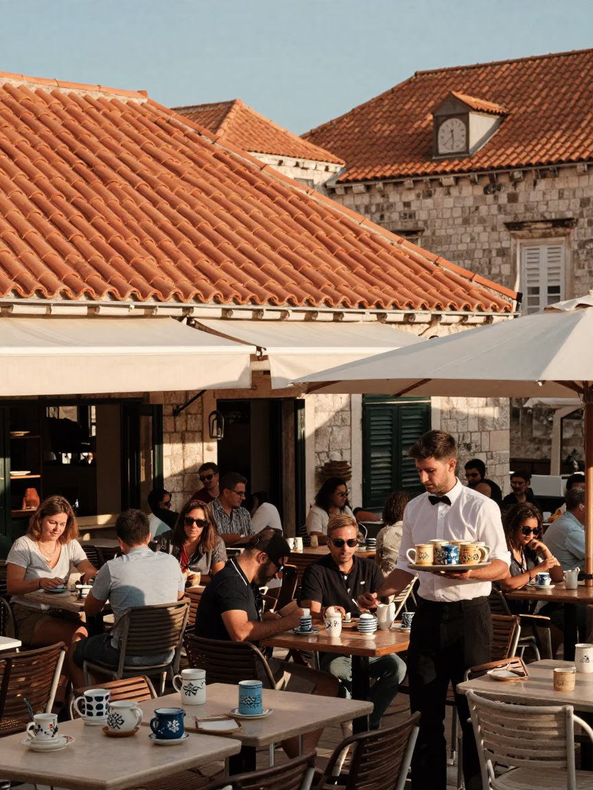 Lively Dubrovnik Cafe Terrace Late Afternoon with Ceramic Mugs and Stone Architecture in in Dubrovnik, Croatia