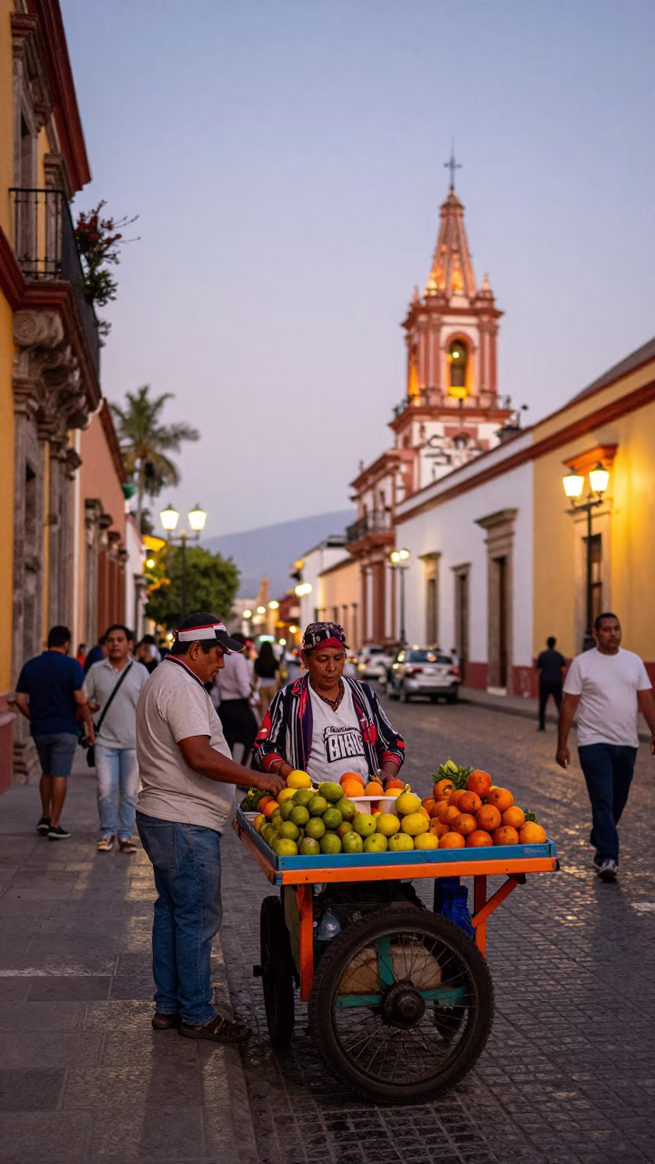 Lively Guadalajara Street Scene Early Evening with Local Street Vendors and Traditional Architecture in in Guadalajara, Mexico