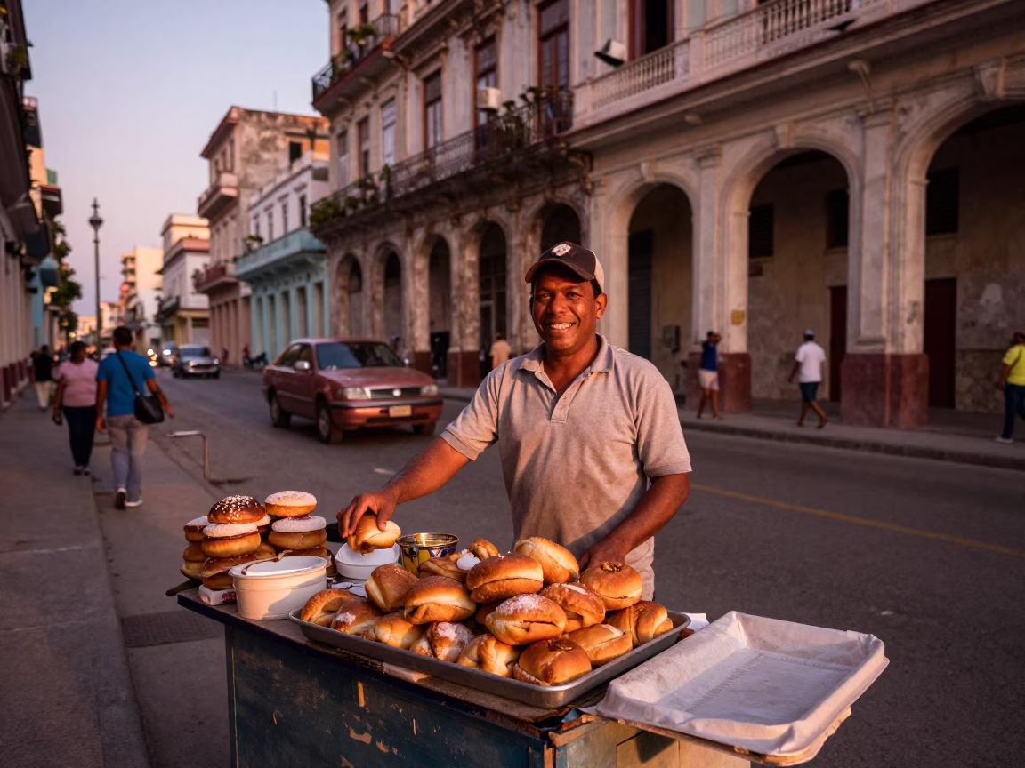 Lively Havana Street Vendor Selling Fresh Pastries in Warm Dusk Light in in Havana, Cuba
