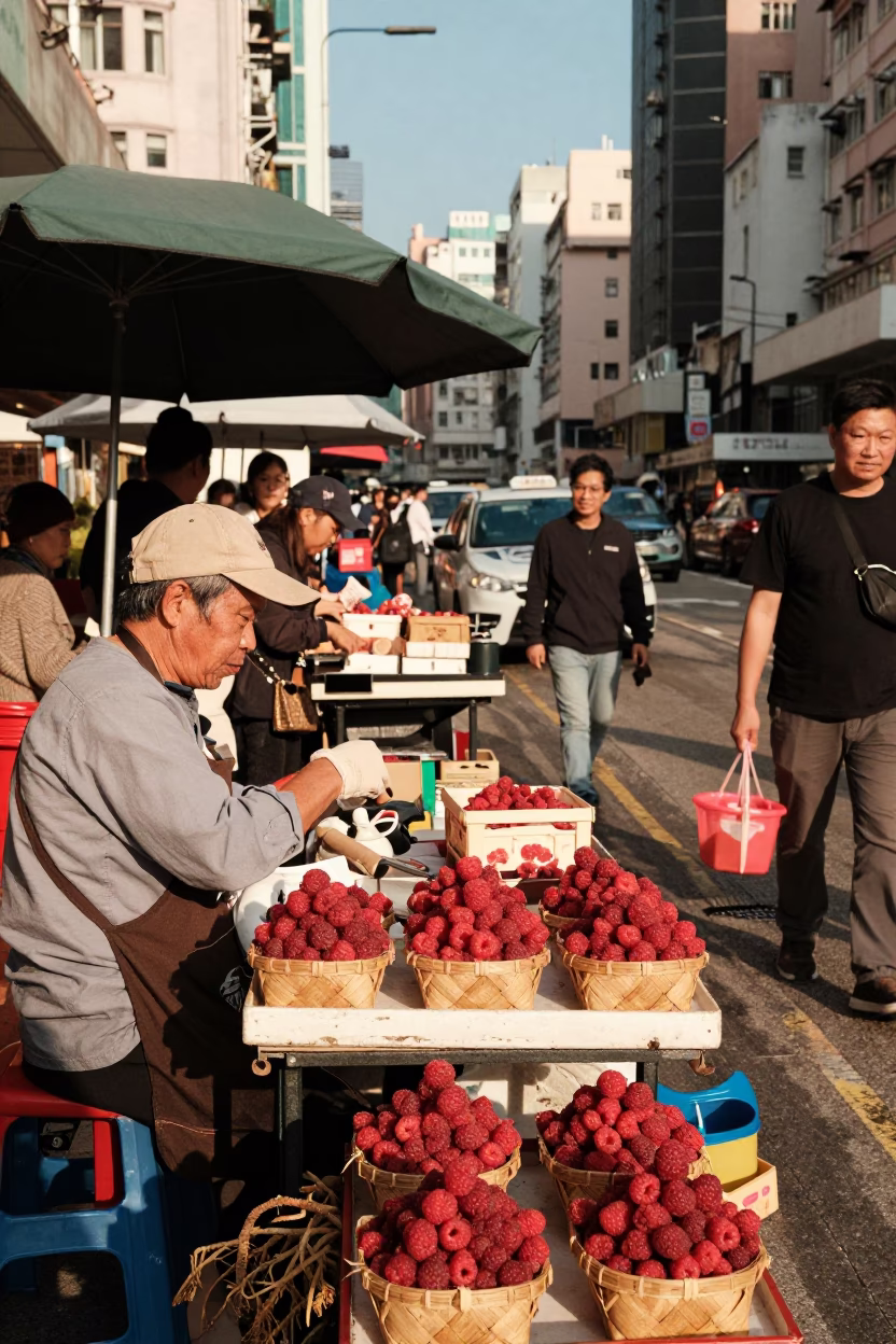 Lively Hong Kong Street Scene with Raspberries and Mangrove Roots in Late Afternoon Light in in Hong Kong, Hong Kong
