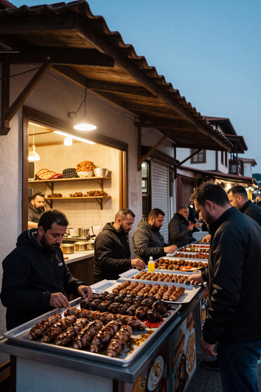 Lively Izmir Street Scene at Blue Hour with Traditional Turkish Kofte and Grilled Peppers in in Izmir, Turkey
