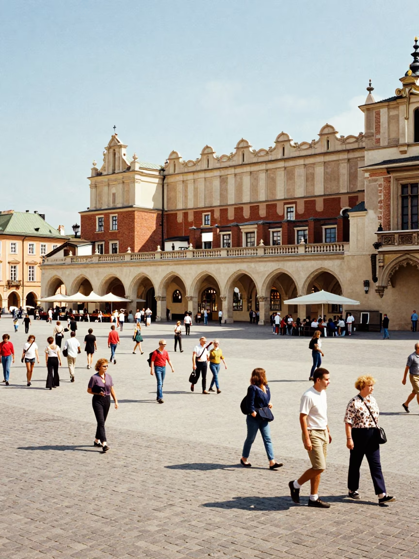 Lively Krakow Market Square Midday Scene with Tourists and Local Vendors in in Krakow, Poland