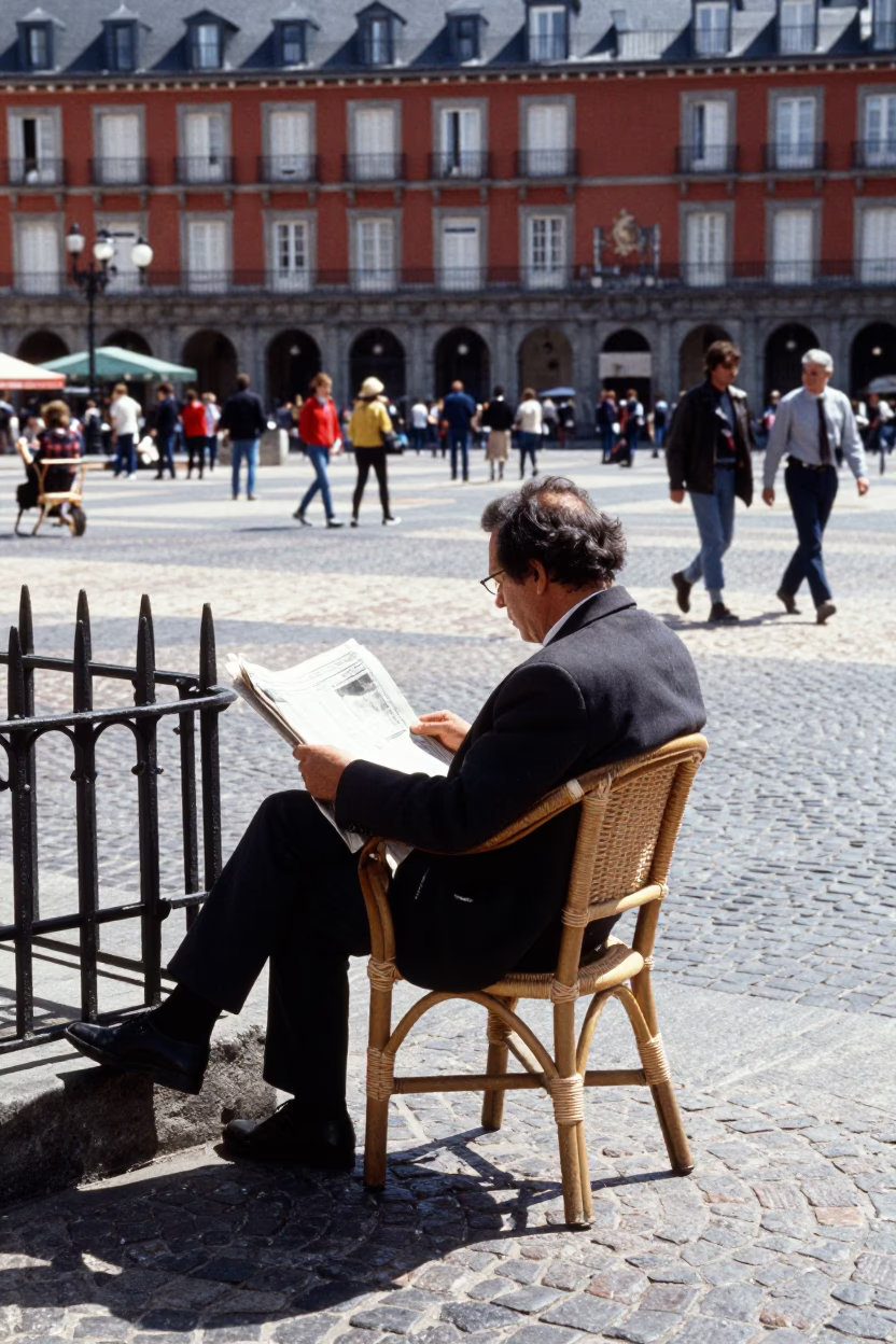 Lively Madrid Plaza Scene with Rattan Chair and Urban Details at Midday in in Madrid, Spain