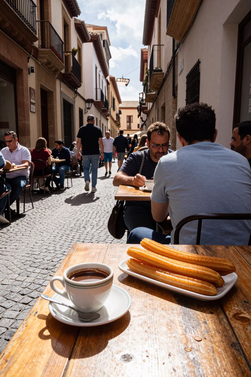 Lively Midday Street Scene in Granada Spain with Ceramic Cup and Churros in in Granada, Spain
