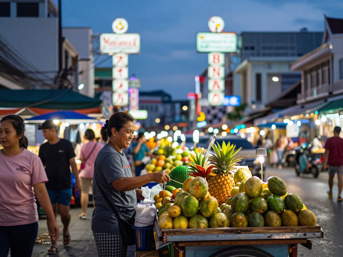 Lively Phuket Street Market at Dusk with Neon Signs and Local Vendors in in Phuket, Thailand