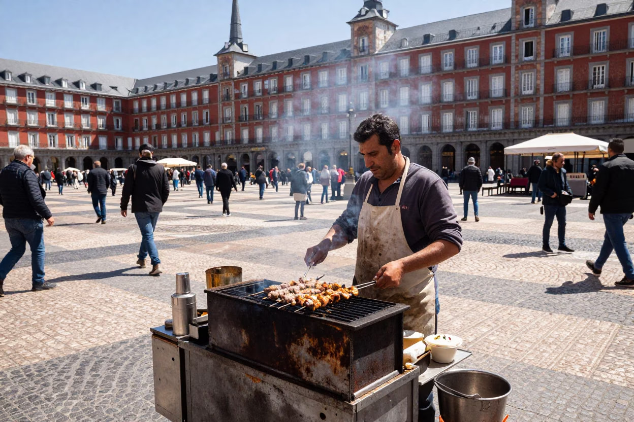 Lively Plaza in Madrid at The Flat Glare Of Noon Light in in Madrid, Spain