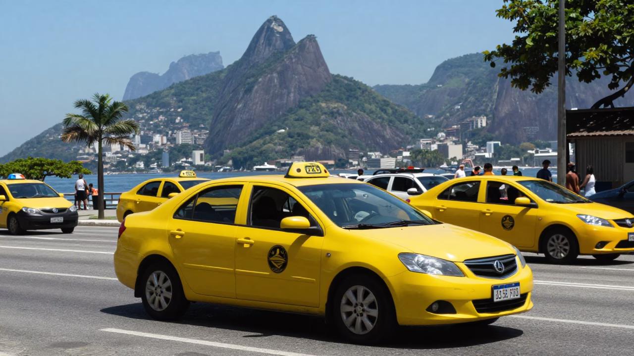 Lively Rio Street Scene with Yellow Taxi and Colorful Façades Under Noon Sun in in Rio de Janeiro, Brazil