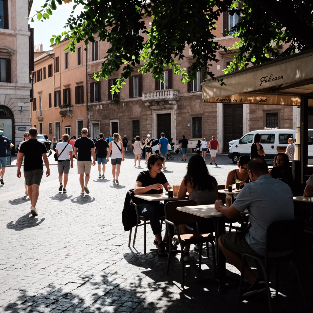 Lively Roman Street Cafe Under Noon Sun with Leaf Shadows on Table in in Rome, Italy