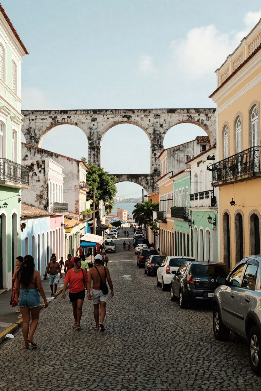 Lively Salvador Brazil Street Scene with Colorful Architecture and Local Market Activity in in Salvador, Brazil
