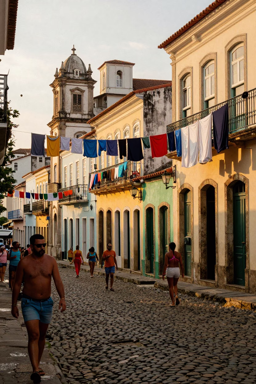 Lively Salvador Brazil Street Scene with Colorful Laundry and Historic Architecture in in Salvador, Brazil