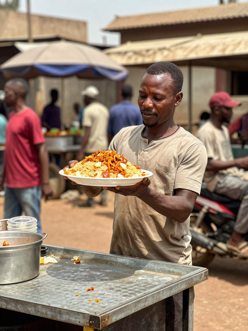 Lively Street Food Vendor Serving Koshari in Accra Ghana Under Noon Sun in in Accra, Ghana